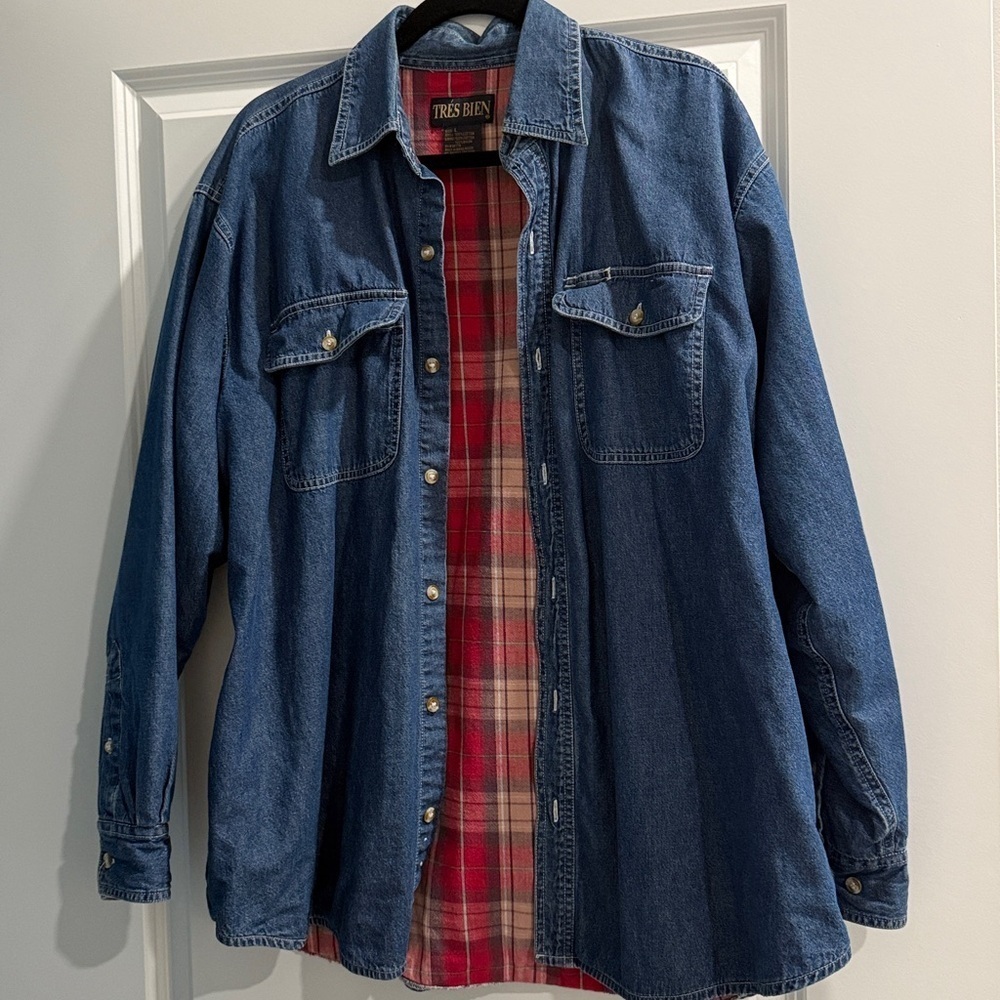 Tres Bien Blue Denim Shirt with Red Plaid Interior sz l